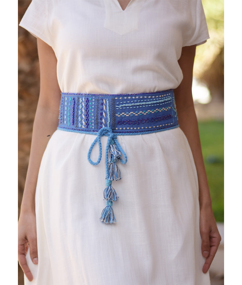 Blue Saint Catherine Embroidered Wide Belt handmade in Egypt & available at Jozee boutique