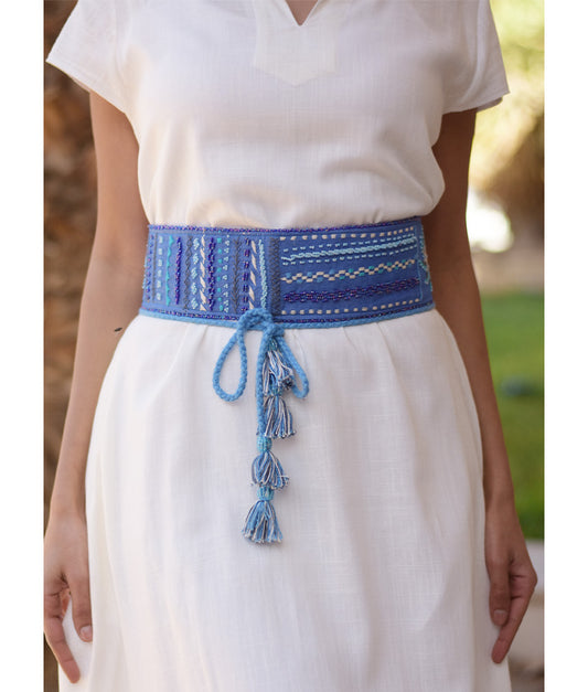 Blue Saint Catherine Embroidered Wide Belt handmade in Egypt & available at Jozee boutique