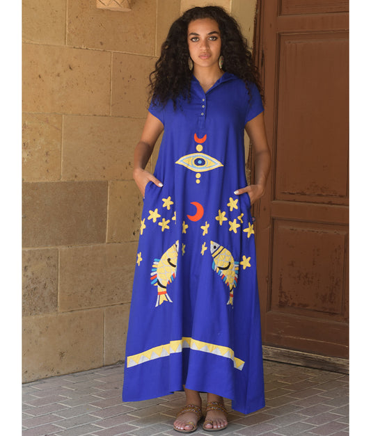Electric Blue Linen Dress with Khayameya Ancient Egyptian Crafts Patchwork