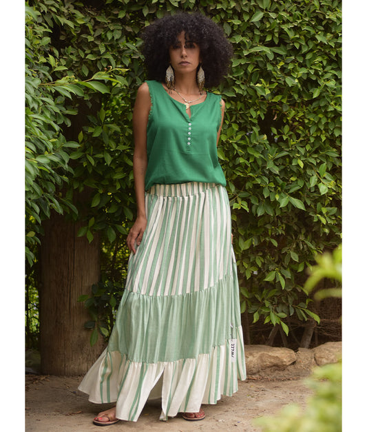 Mint & off White Handwoven Ruffle Skirt handmade in Egypt & available at Jozee Boutique.