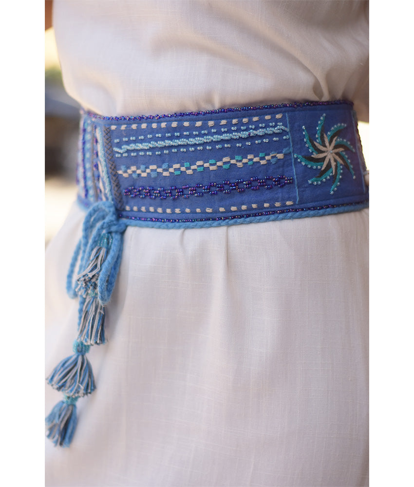 Blue Saint Catherine Embroidered Wide Belt handmade in Egypt & available at Jozee boutique