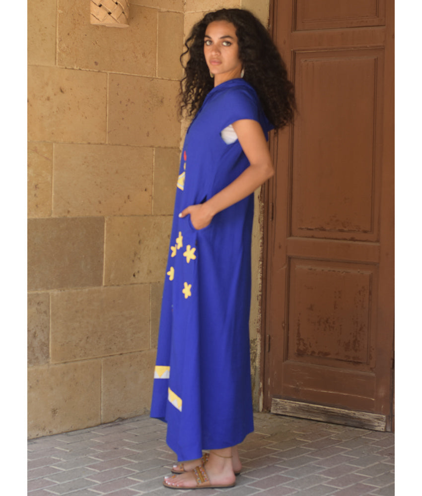 Electric Blue Linen Dress with Khayameya Ancient Egyptian Crafts Patchwork