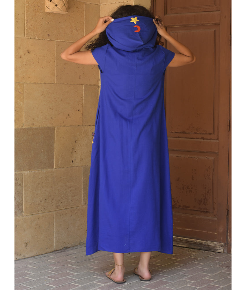 Electric Blue Linen Dress with Khayameya Ancient Egyptian Crafts Patchwork