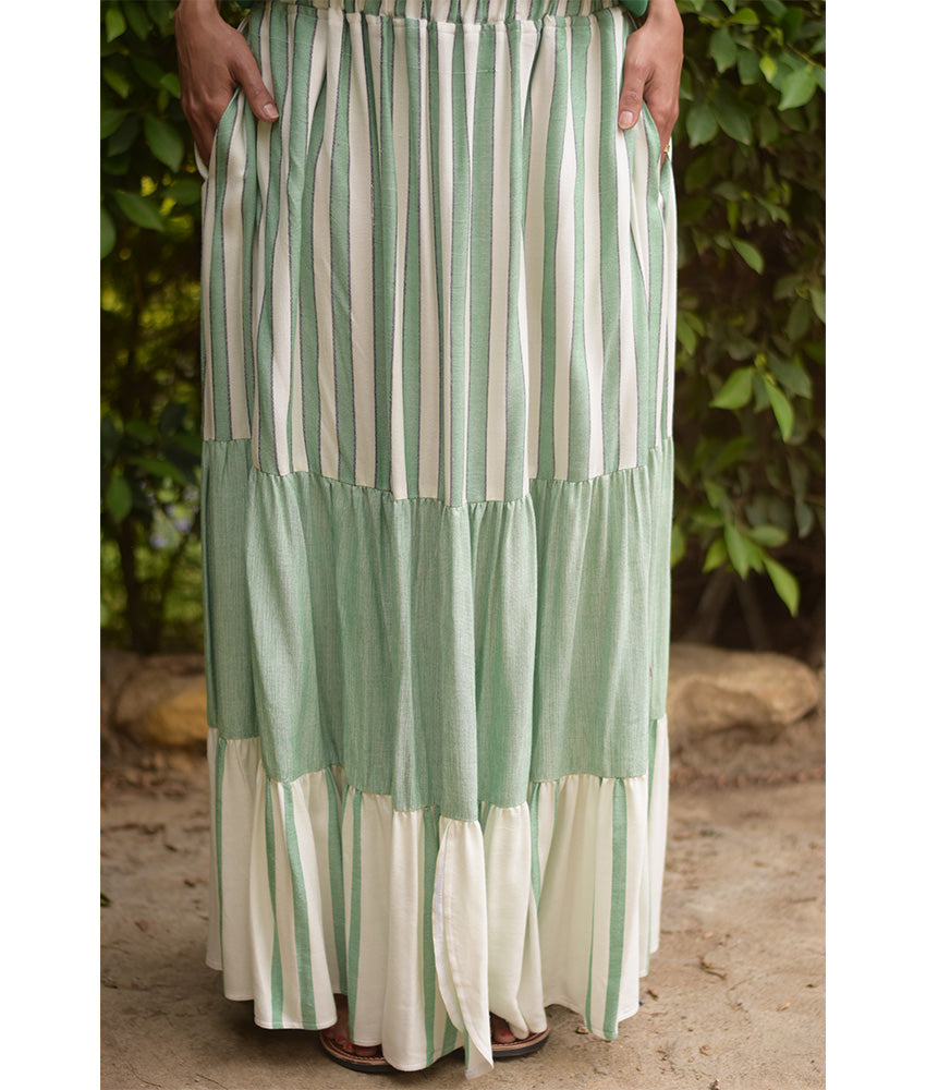 Mint & off White Handwoven Ruffle Skirt handmade in Egypt & available at Jozee Boutique.