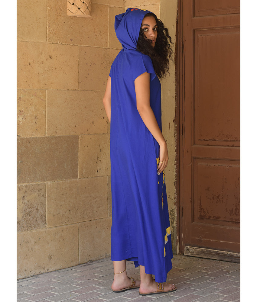 Electric Blue Linen Dress with Khayameya Ancient Egyptian Crafts Patchwork