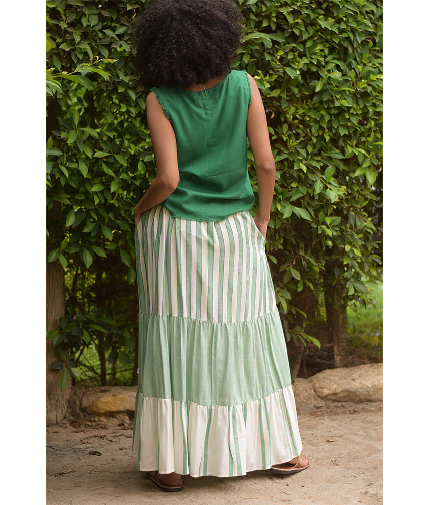 Mint & off White Handwoven Ruffle Skirt handmade in Egypt & available at Jozee Boutique.