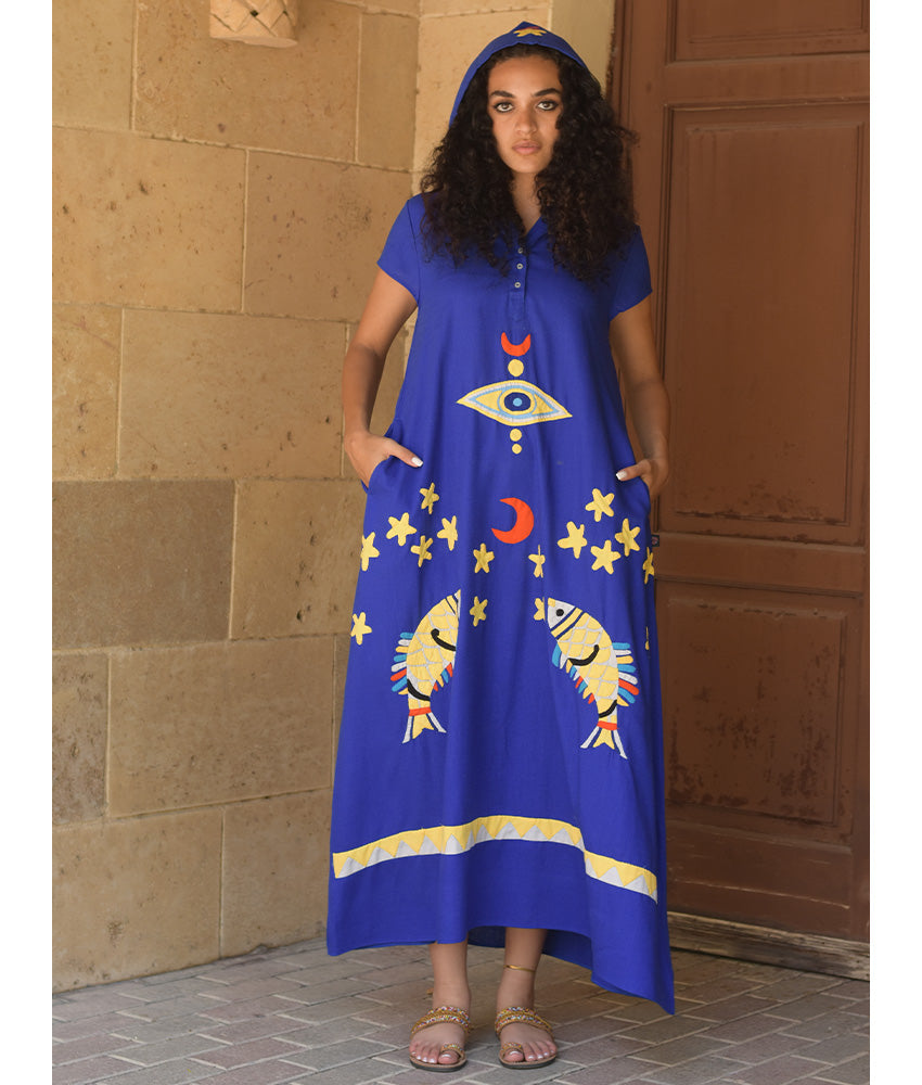 Electric Blue Linen Dress with Khayameya Ancient Egyptian Crafts Patchwork