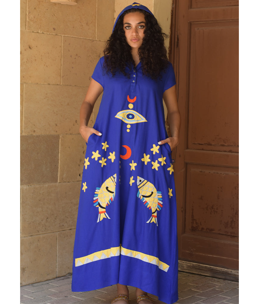 Electric Blue Linen Dress with Khayameya Ancient Egyptian Crafts Patchwork