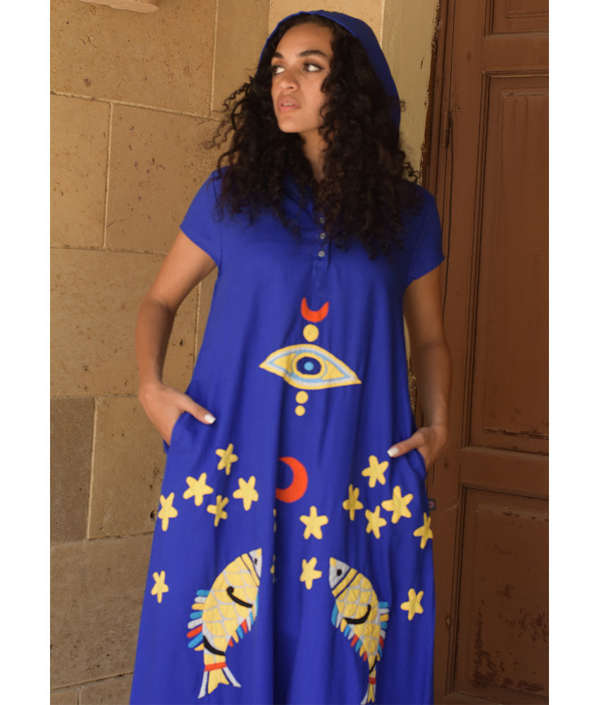 Electric Blue Linen Dress with Khayameya Ancient Egyptian Crafts Patchwork