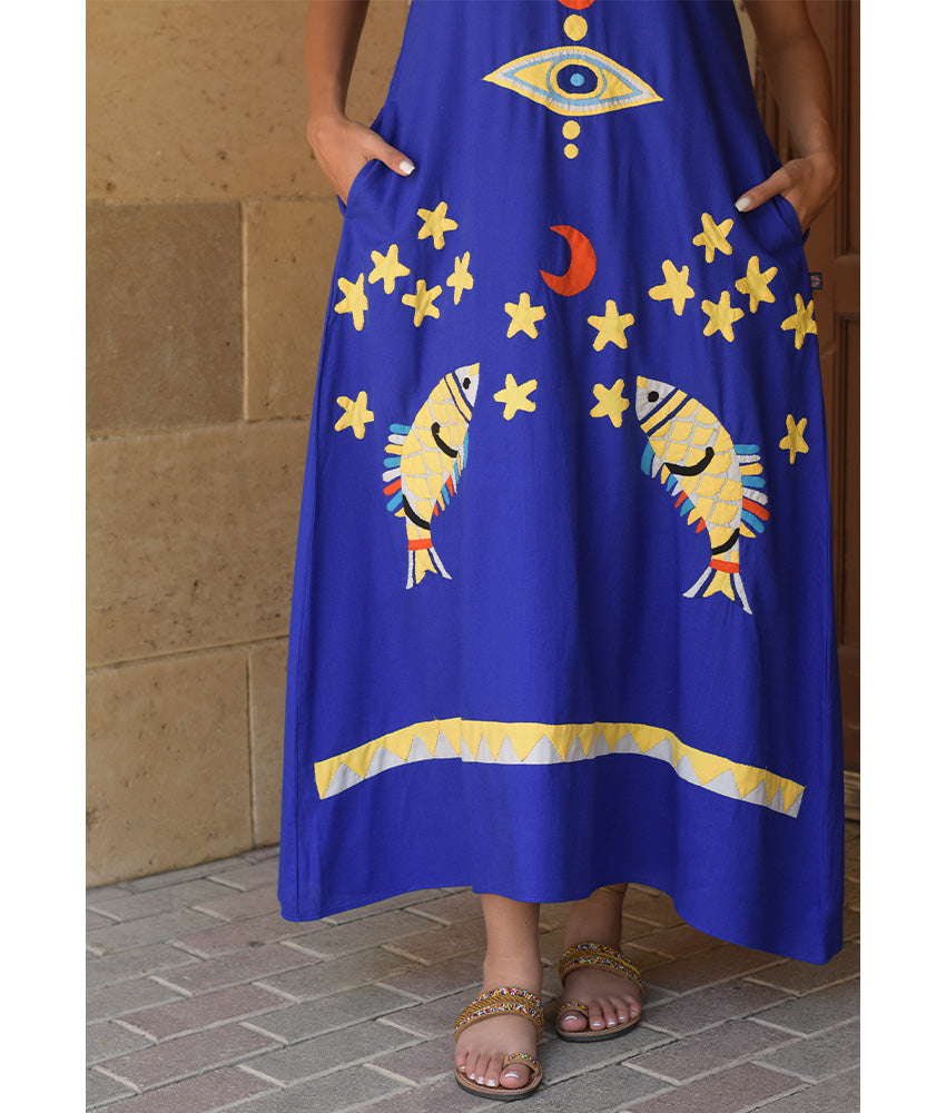 Electric Blue Linen Dress with Khayameya Ancient Egyptian Crafts Patchwork