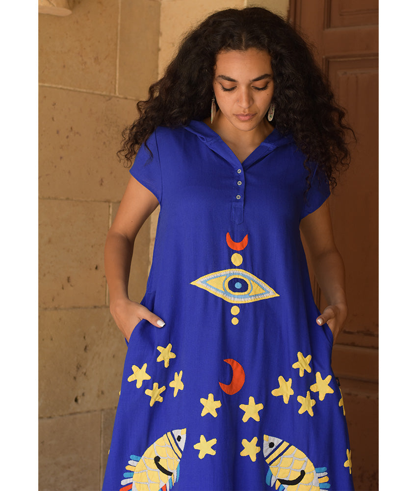 Electric Blue Linen Dress with Khayameya Ancient Egyptian Crafts Patchwork
