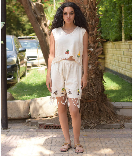 Off-White Linen Set with Hand Embroideries handmade in Egypt & available at Jozee Boutique.