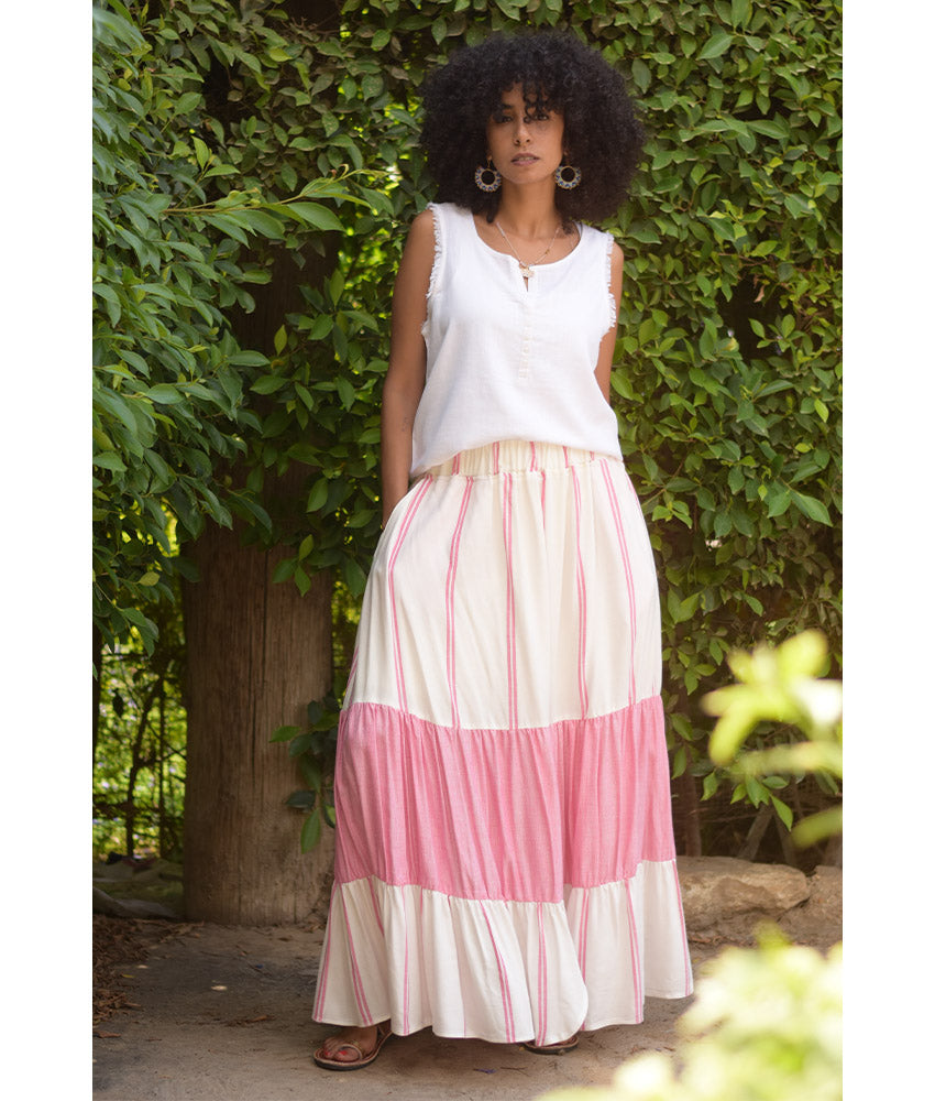 Pink & off White Handwoven Ruffle Skirt handmade in Egypt & available at Jozee Boutique.
