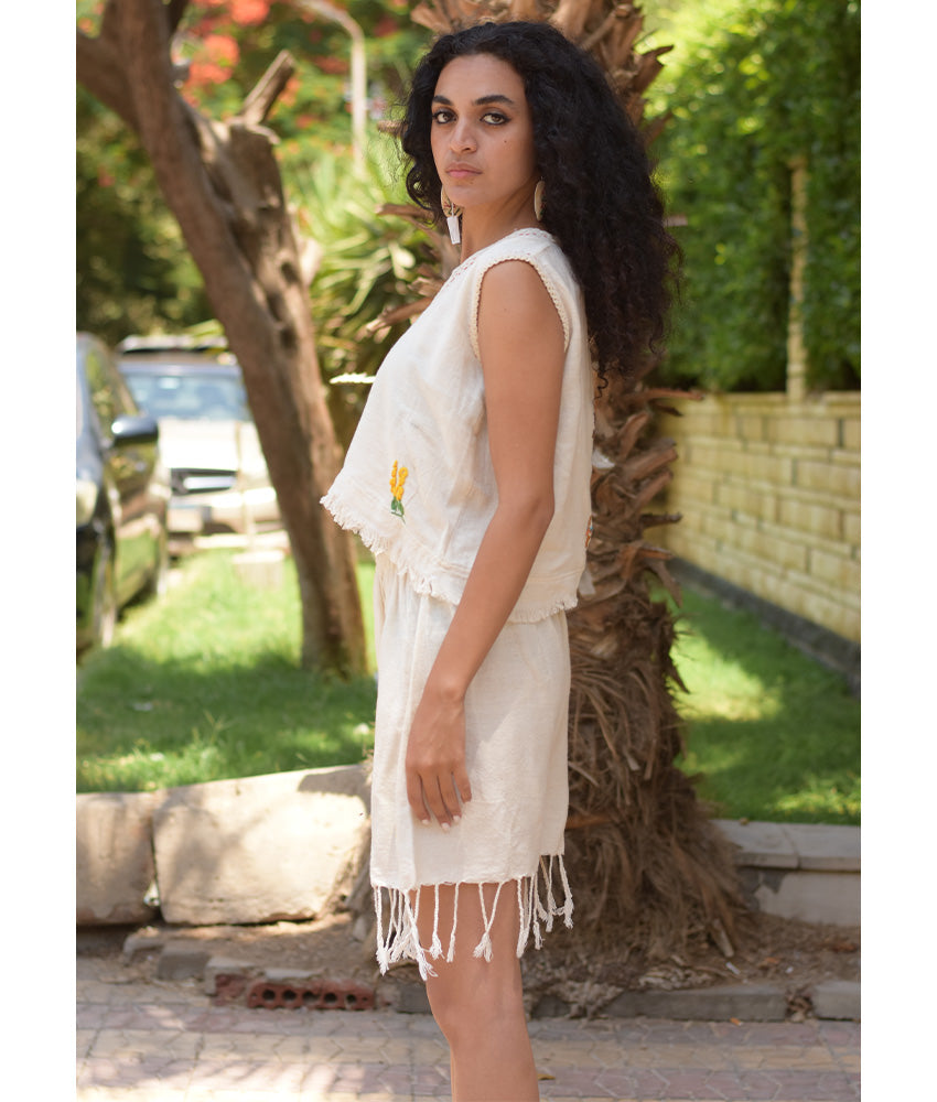 Off-White Linen Set with Hand Embroideries handmade in Egypt & available at Jozee Boutique.
