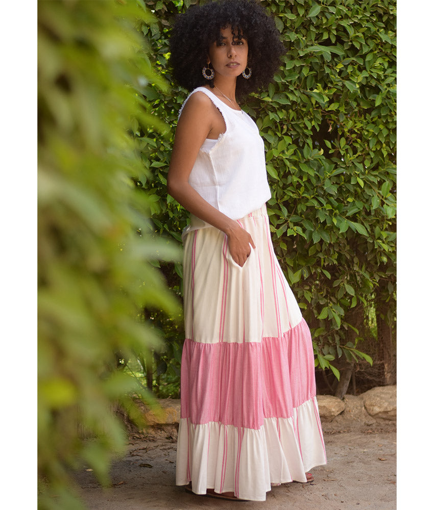 Pink & off White Handwoven Ruffle Skirt handmade in Egypt & available at Jozee Boutique.