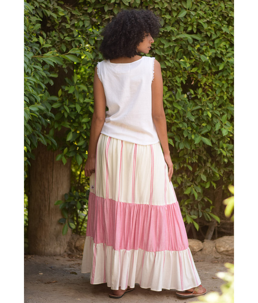 Pink & off White Handwoven Ruffle Skirt handmade in Egypt & available at Jozee Boutique.