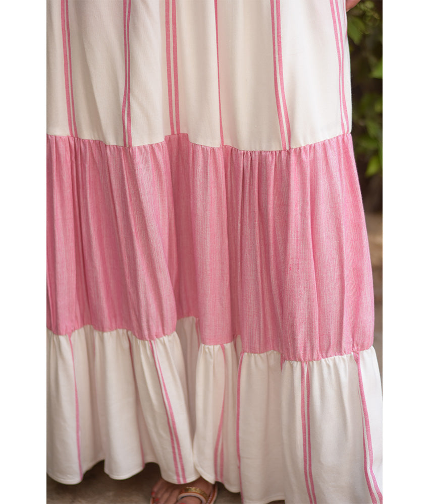 Pink & off White Handwoven Ruffle Skirt handmade in Egypt & available at Jozee Boutique.
