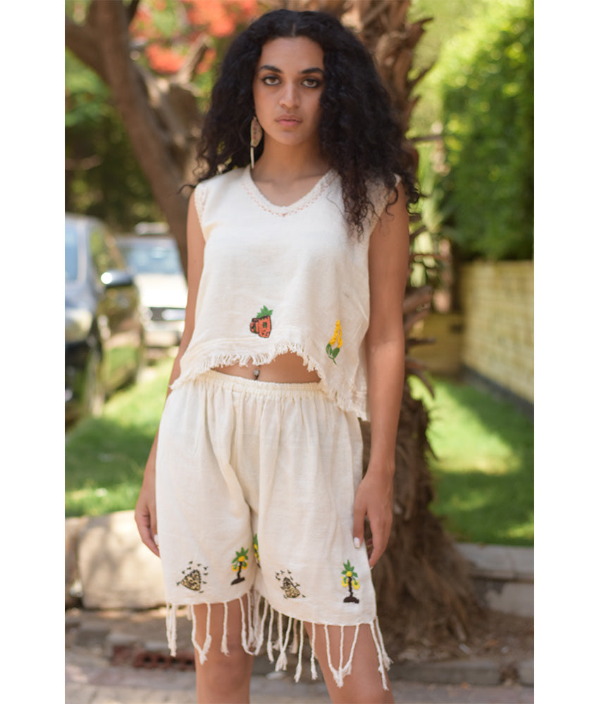 Off-White Linen Set with Hand Embroideries handmade in Egypt & available at Jozee Boutique.