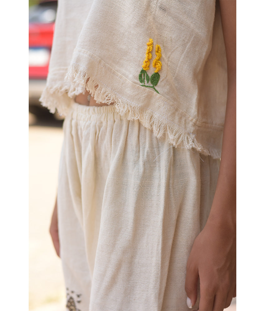 Off-White Linen Set with Hand Embroideries handmade in Egypt & available at Jozee Boutique.