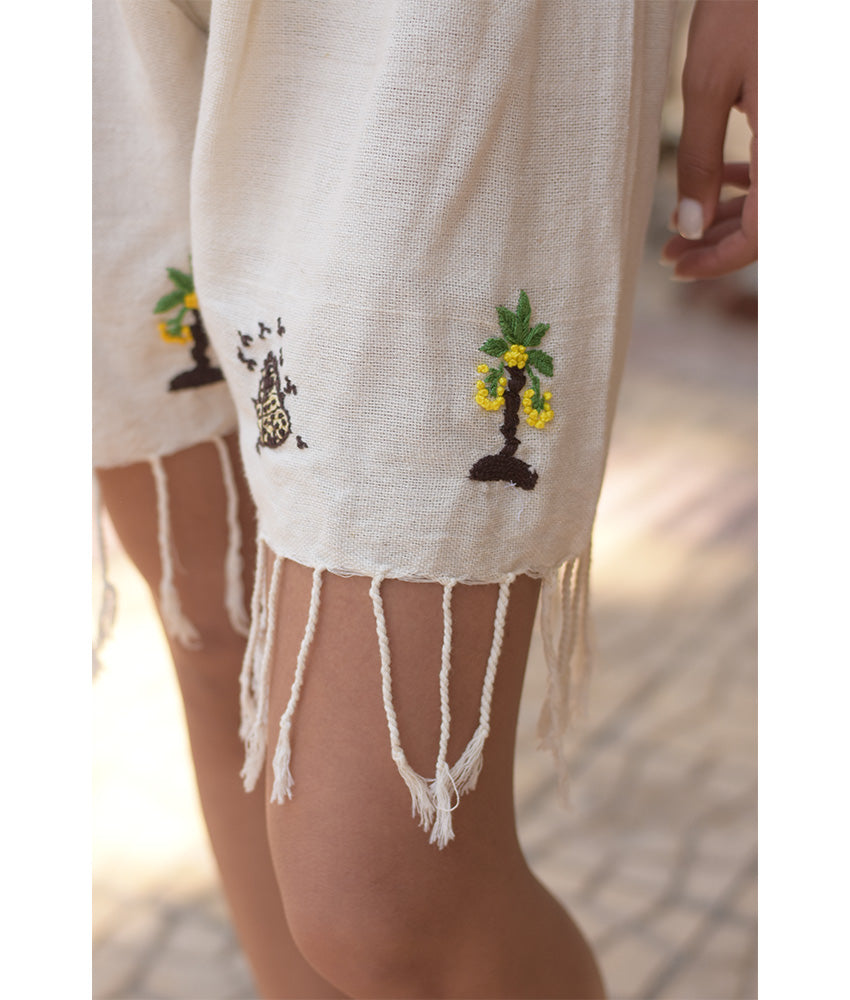 Off-White Linen Set with Hand Embroideries handmade in Egypt & available at Jozee Boutique.
