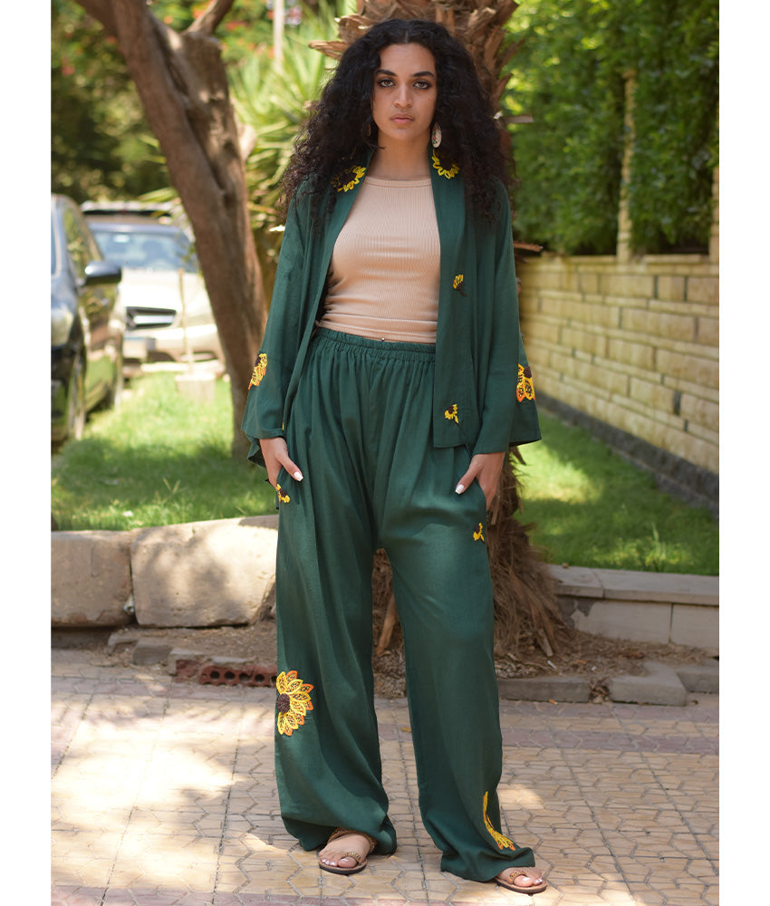 Emerald Green Linen Set with Hand Embroideries handmade in Egypt & available at Jozee Boutique.