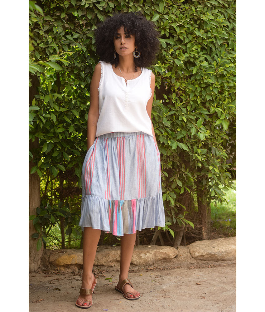 Light Grey & Pink Handwoven Short Ruffle Skirt handmade in Egypt & available at Jozee Boutique.