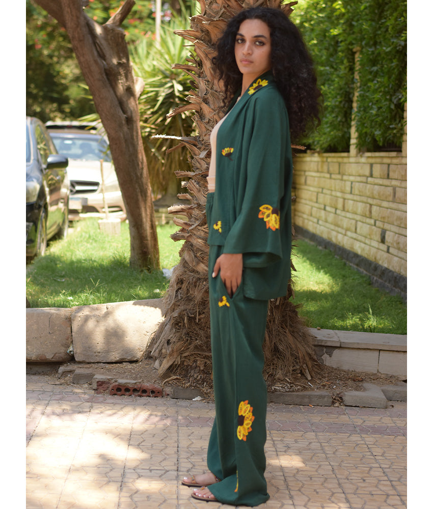 Emerald Green Linen Set with Hand Embroideries handmade in Egypt & available at Jozee Boutique.