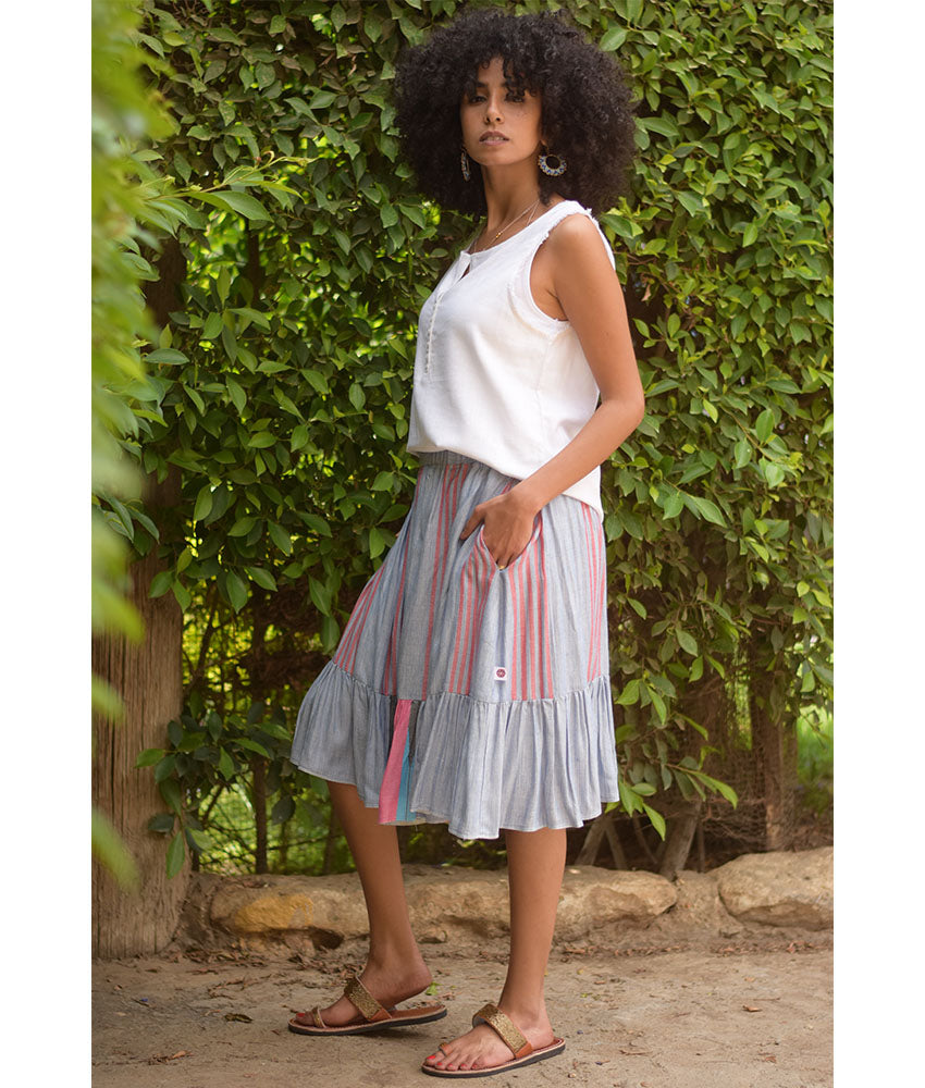 Light Grey & Pink Handwoven Short Ruffle Skirt handmade in Egypt & available at Jozee Boutique.