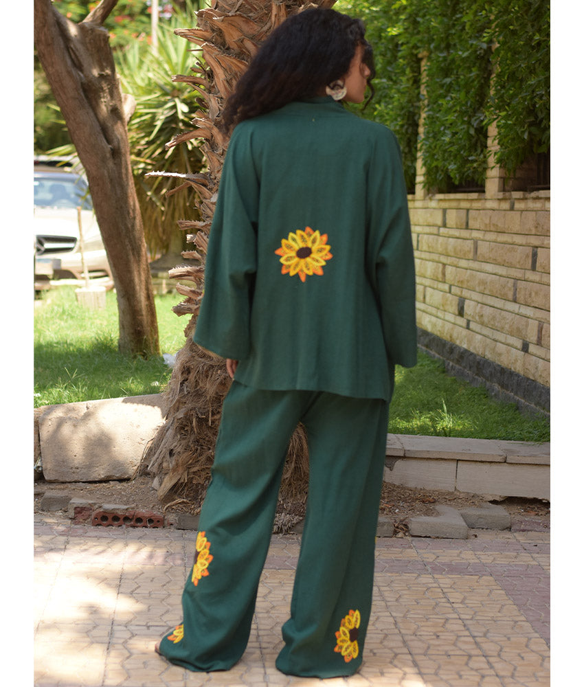 Emerald Green Linen Set with Hand Embroideries handmade in Egypt & available at Jozee Boutique.