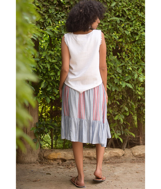 Light Grey & Pink Handwoven Short Ruffle Skirt handmade in Egypt & available at Jozee Boutique.
