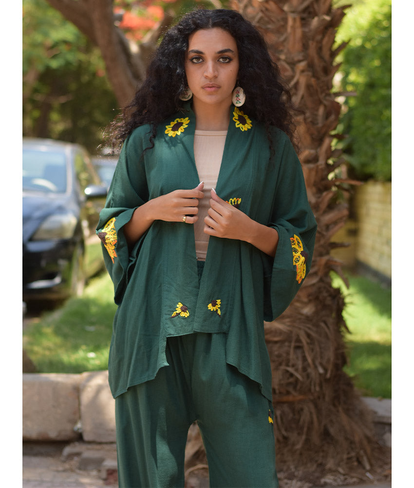 Emerald Green Linen Set with Hand Embroideries handmade in Egypt & available at Jozee Boutique.