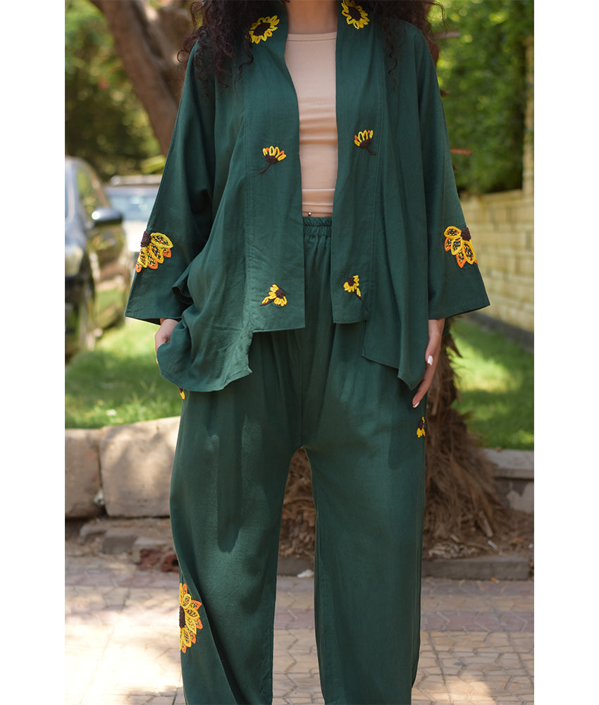 Emerald Green Linen Set with Hand Embroideries handmade in Egypt & available at Jozee Boutique.