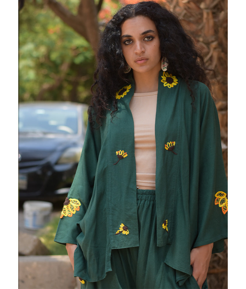 Emerald Green Linen Set with Hand Embroideries handmade in Egypt & available at Jozee Boutique.