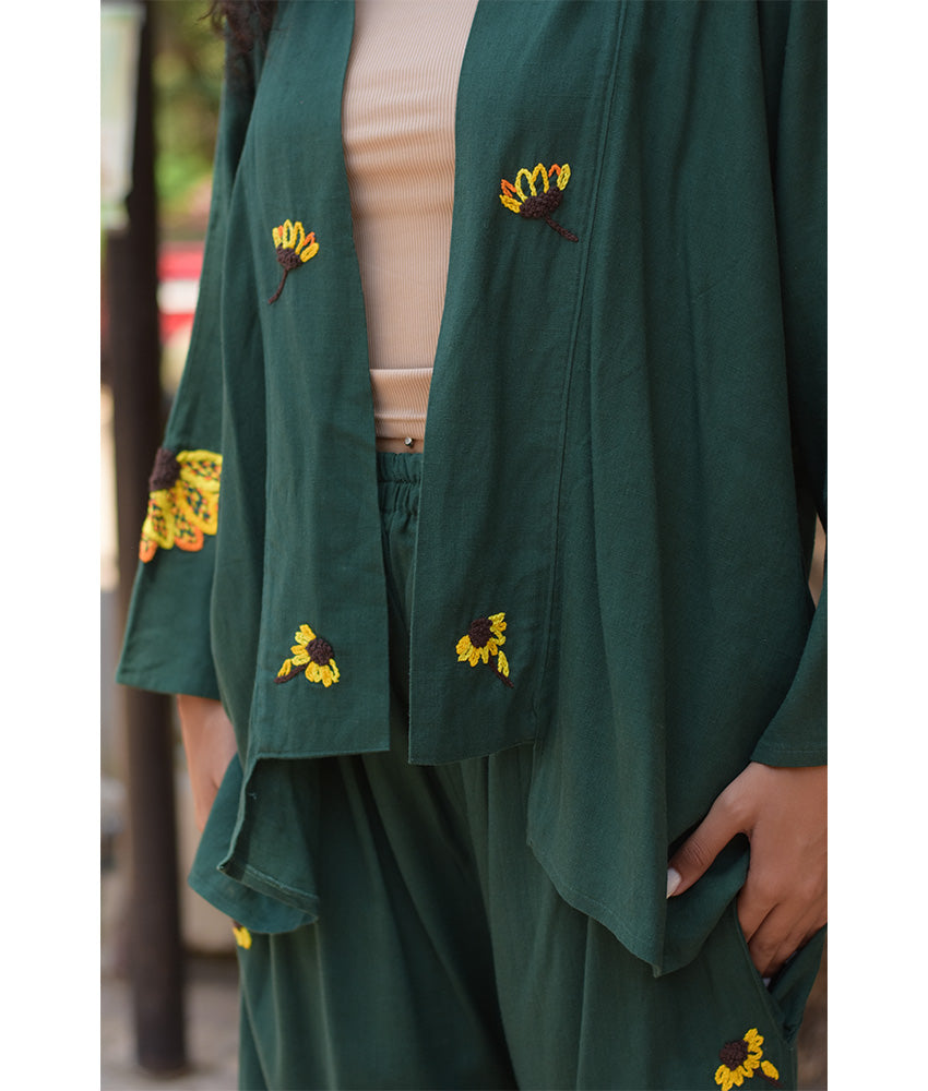 Emerald Green Linen Set with Hand Embroideries handmade in Egypt & available at Jozee Boutique.