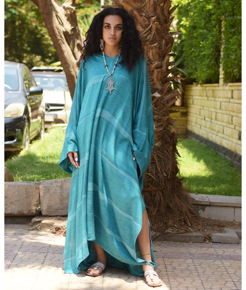 Turquoise Viscose Kaftan with Hoodie handmade in Egypt & available at Jozee Boutique.