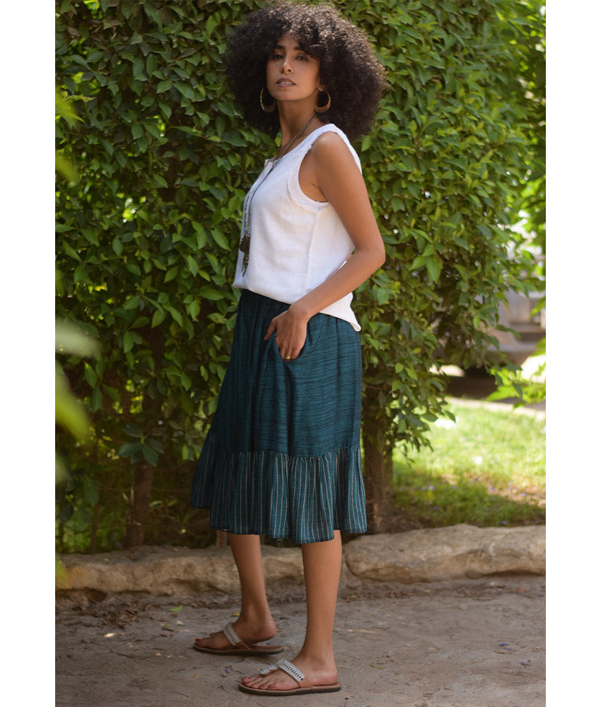 Dark Teal Handwoven Short Ruffle Skirt handmade in Egypt & available at Jozee Boutique.
