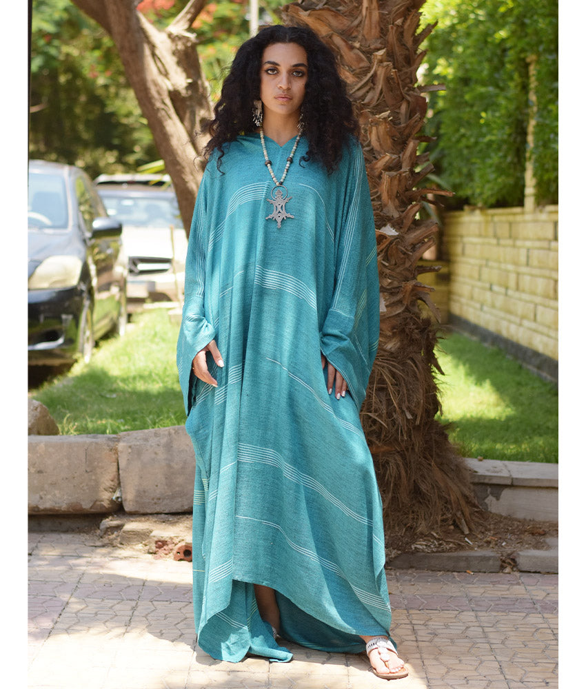 Turquoise Viscose Kaftan with Hoodie handmade in Egypt & available at Jozee Boutique.
