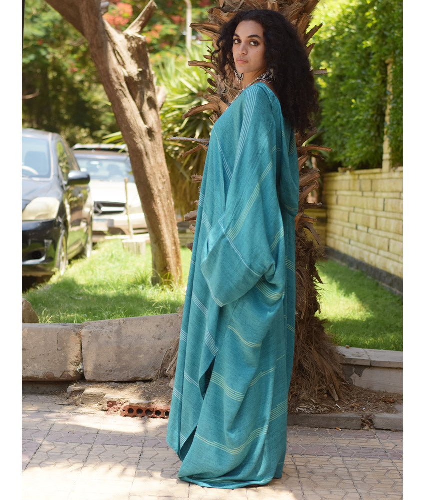 Turquoise Viscose Kaftan with Hoodie handmade in Egypt & available at Jozee Boutique.