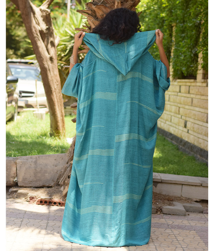 Turquoise Viscose Kaftan with Hoodie handmade in Egypt & available at Jozee Boutique.