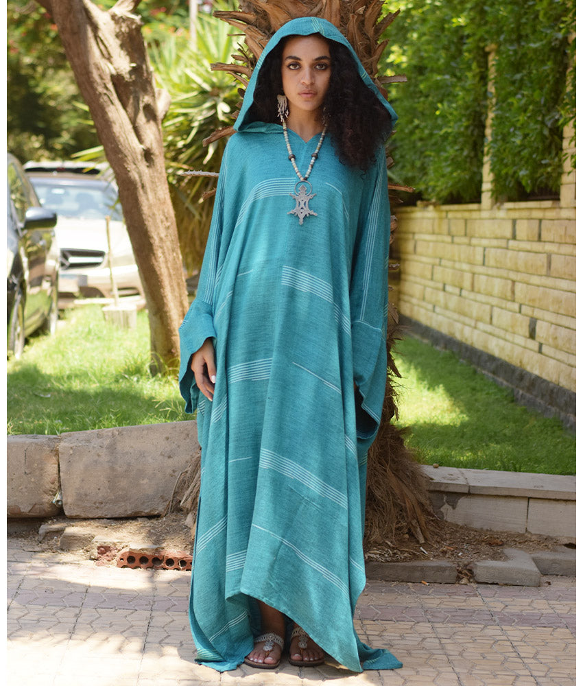 Turquoise Viscose Kaftan with Hoodie handmade in Egypt & available at Jozee Boutique.
