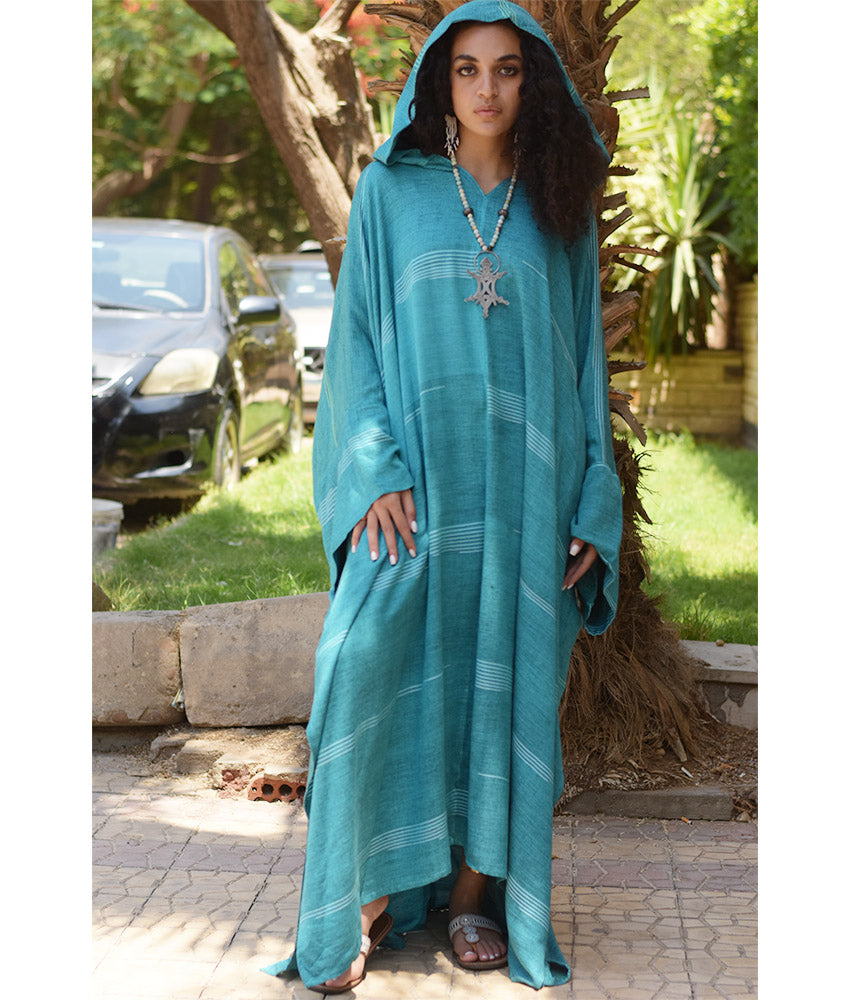 Turquoise Viscose Kaftan with Hoodie handmade in Egypt & available at Jozee Boutique.