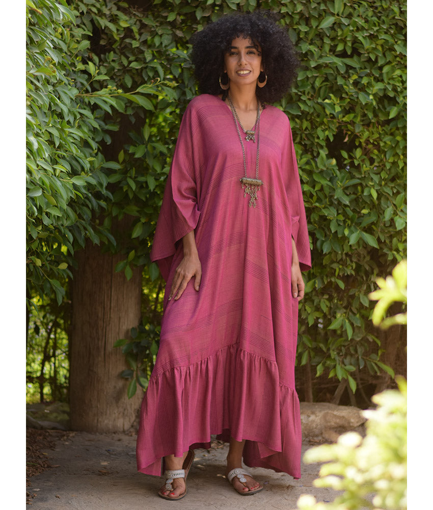 Dark rose Handwoven Ruffle Kaftan handmade in Egypt & available at Jozee boutique