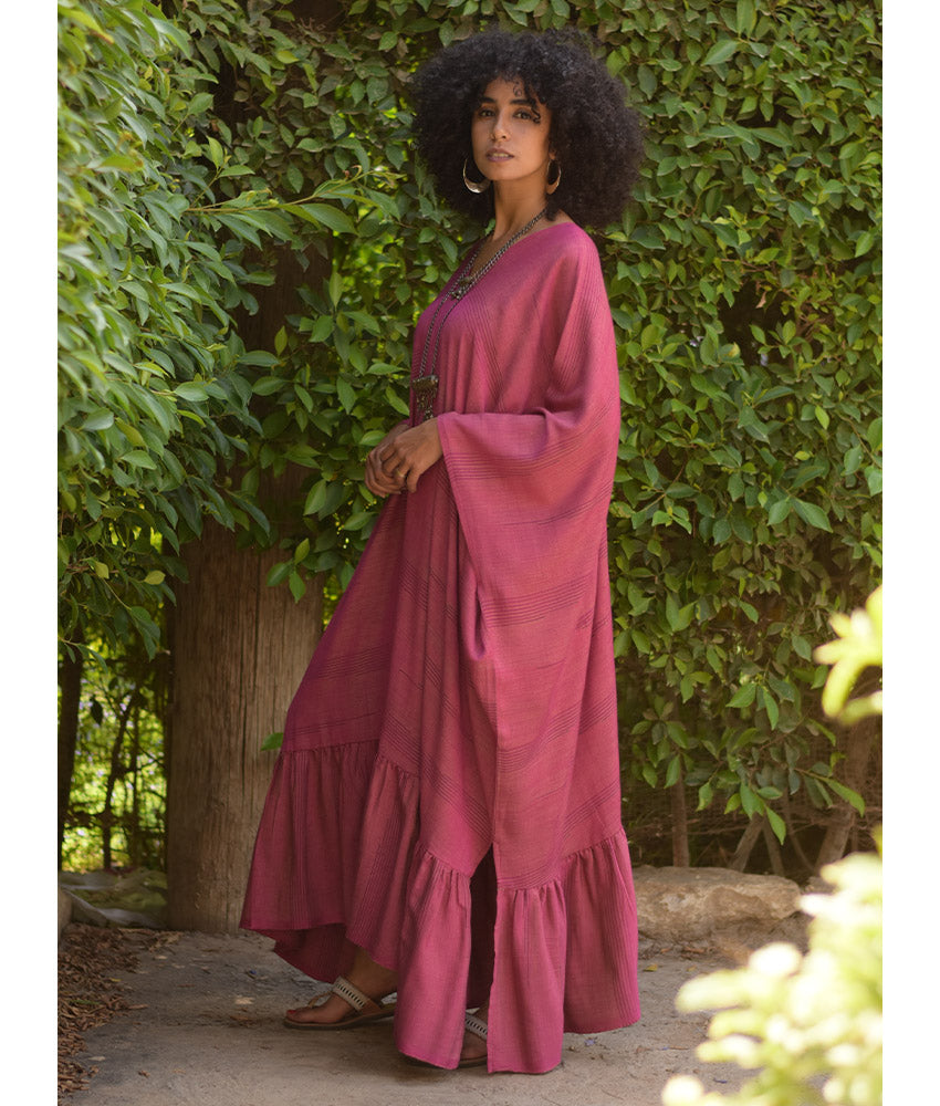 Dark rose Handwoven Ruffle Kaftan handmade in Egypt & available at Jozee boutique