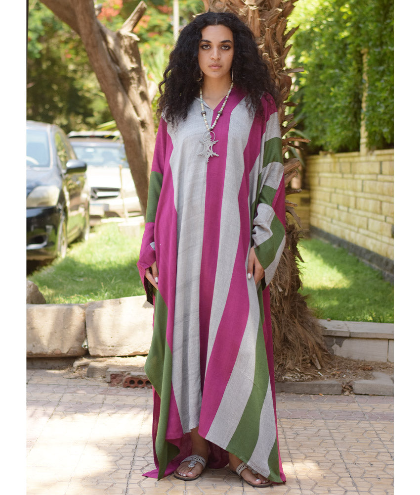 Fuchsia, Grey & Olive Green Stripped Viscose Kaftan with Hoodie handmade in Egypt & available at Jozee Boutique.