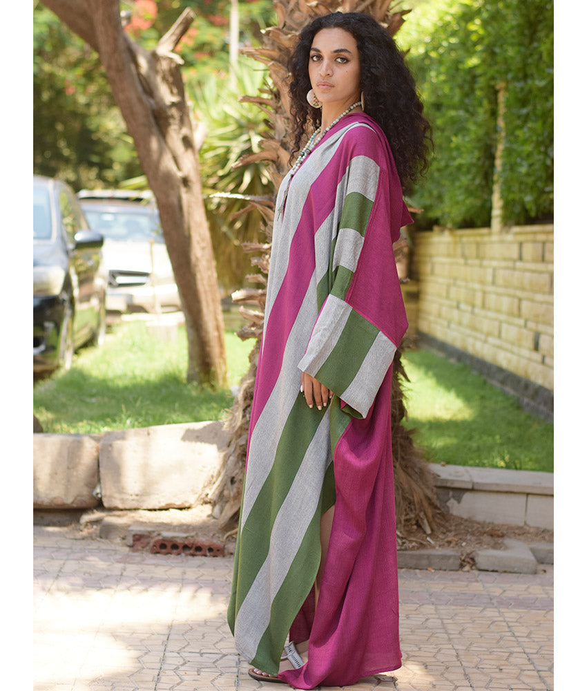 Fuchsia, Grey & Olive Green Stripped Viscose Kaftan with Hoodie handmade in Egypt & available at Jozee Boutique.