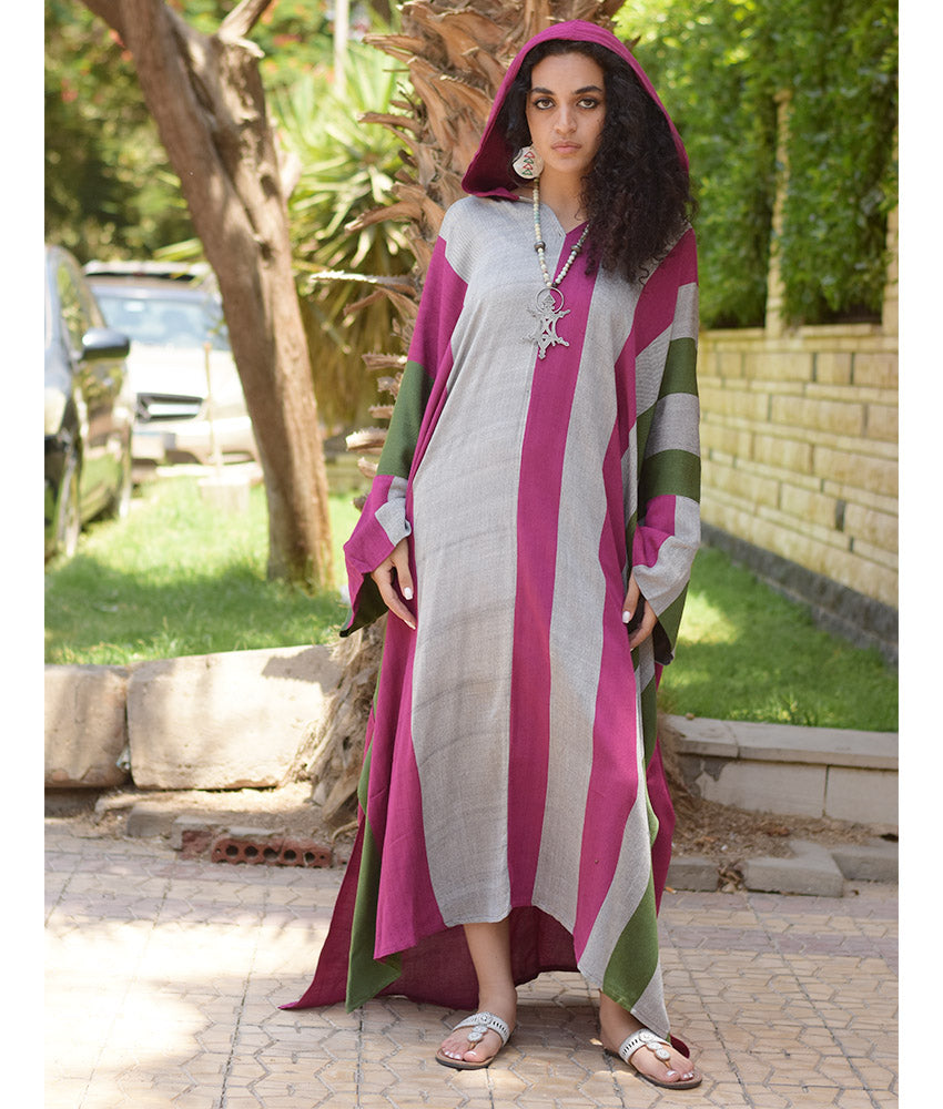Fuchsia, Grey & Olive Green Stripped Viscose Kaftan with Hoodie handmade in Egypt & available at Jozee Boutique.