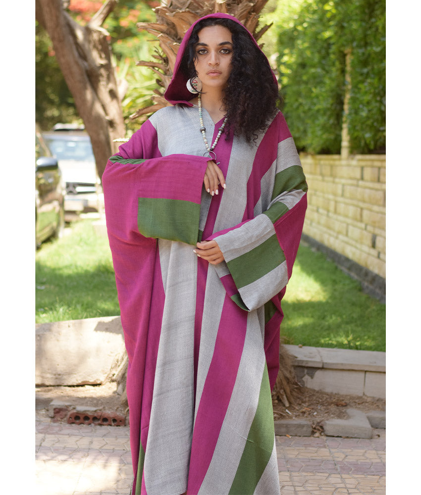 Fuchsia, Grey & Olive Green Stripped Viscose Kaftan with Hoodie handmade in Egypt & available at Jozee Boutique.