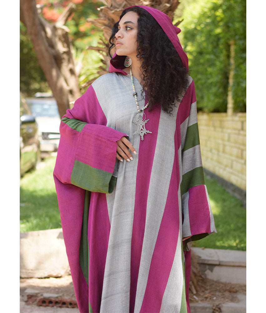 Fuchsia, Grey & Olive Green Stripped Viscose Kaftan with Hoodie handmade in Egypt & available at Jozee Boutique.