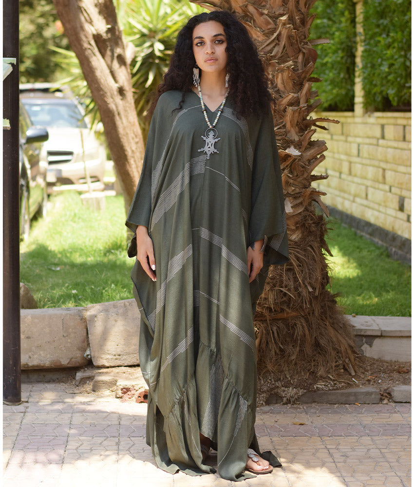 Army Green Handwoven Ruffle Kaftan handmade in Egypt & available at Jozee boutique