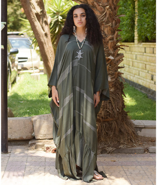 Army Green Handwoven Ruffle Kaftan handmade in Egypt & available at Jozee boutique